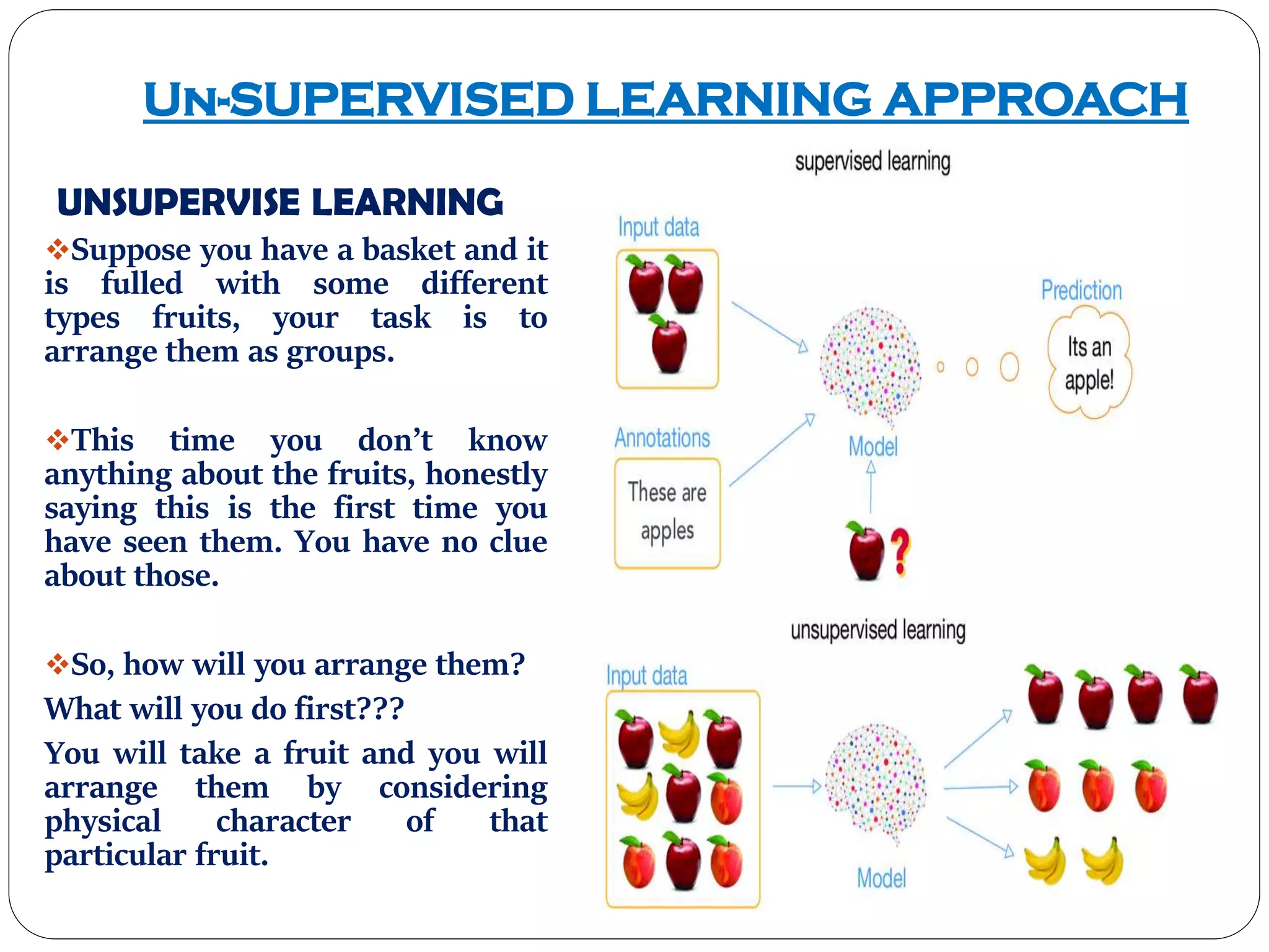 Un-SUPERVISED LEARNING APPROACH
UNSUPERVISE LEARNING
Suppose you have a basket and it
is fulled with some different
types fruits, your task is to
arrange them as groups.
This time you don’t know
anything about the fruits, honestly
saying this is the first time you
have seen them. You have no clue
about those.
So, how will you arrange them?
What will you do first???
You will take a fruit and you will
arrange them by considering
physical character of that
particular fruit.
 