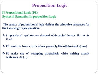 Proposition Logic
I] Propositional Logic (PL)
Syntax & Semantics In proposition Logic
The syntax of propositional logic defines the allowable sentences for
the knowledge representation.
 Propositional symbols are denoted with capital letters like :A, B,
C….Z
 PL constants have a truth values generally like 0(false) and 1(true)
 PL make use of wrapping parenthesis while writing atomic
sentences. As (…)
 