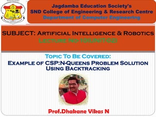 Topic To Be Covered:
Example of CSP:N-Queens Problem Solution
Using Backtracking
Jagdamba Education Society's
SND College of Engineering & Research Centre
Department of Computer Engineering
SUBJECT: Artificial Intelligence & Robotics
Lecture No-10(UNIT-02)
Prof.Dhakane Vikas N
 