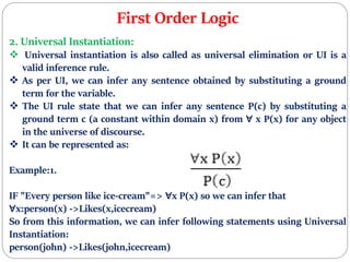 First Order Logic
2. Universal Instantiation:
 Universal instantiation is also called as universal elimination or UI is a
valid inference rule.
 As per UI, we can infer any sentence obtained by substituting a ground
term for the variable.
 The UI rule state that we can infer any sentence P(c) by substituting a
ground term c (a constant within domain x) from ∀ x P(x) for any object
in the universe of discourse.
 It can be represented as:
Example:1.
IF "Every person like ice-cream"=> ∀x P(x) so we can infer that
∀x:person(x) ->Likes(x,icecream)
So from this information, we can infer following statements using Universal
Instantiation:
person(john) ->Likes(john,icecream)
 
