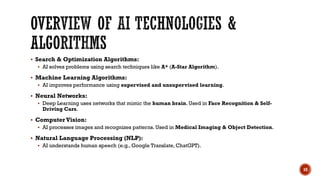  Search & Optimization Algorithms:
 AI solves problems using search techniques like A* (A-Star Algorithm).
 Machine Learning Algorithms:
 AI improves performance using supervised and unsupervised learning.
 Neural Networks:
 Deep Learning uses networks that mimic the human brain. Used in Face Recognition & Self-
Driving Cars.
 Computer Vision:
 AI processes images and recognizes patterns. Used in Medical Imaging & Object Detection.
 Natural Language Processing (NLP):
 AI understands human speech (e.g., Google Translate, ChatGPT).
10
 