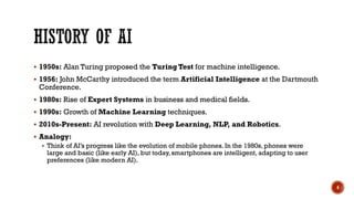 1950s: Alan Turing proposed the Turing Test for machine intelligence.
 1956: John McCarthy introduced the term Artificial Intelligence at the Dartmouth
Conference.
 1980s: Rise of Expert Systems in business and medical fields.
 1990s: Growth of Machine Learning techniques.
 2010s-Present: AI revolution with Deep Learning, NLP, and Robotics.
 Analogy:
 Think of AI’s progress like the evolution of mobile phones. In the 1980s, phones were
large and basic (like early AI), but today, smartphones are intelligent, adapting to user
preferences (like modern AI).
4
 