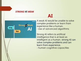 STRONG VS WEAK
AI
A weak AI would be unable to solve
complex problems or learn from
experience like a human.
- Use of advanced algorithms
Strong AI refers to artificial
intelligence that is at least as
intelligent as a human. strong AI can
solve complex problems and can
learn from experience.
- human cognitive capacities
 