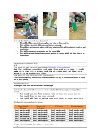 How will the child/ren benefit from the activity? 
 The child will learn about the atmosphere and what an alien could be. 
 They will learn about the different materials they are using. 
 The childcare worker could ask the child open question which will benefit their creativity and imagination. 
 They will be using their gross motor and fine motor skills. 
 They will be given a choice of paint colours, amount of eyes etc. which will allow them to be independent. 
Age group/s: (development level) 
3-6 
How would you make the activity more inclusive? Principles of universal design 
Ask the children questions and make them work as a team. I would make sure they fully understand the activity and let them work alone with me supporting them. 
How would you adapt the activity to suit outside/inside? 
I don’t think this activity could be done outside unless on a nice day. It could be done inside on tables and in good lighting. 
Simplify this activity: 
Making an alien from kitchen roll and decorating it. 
Variations for the activity: How could you vary the activity? ‘Marbling using foam or egg whites instead’ 
 You could use the full kitchen roll to make the alien taller. 
 You could draw on the eyes instead. 
 You could add feet by making them will paper or other materials. 
The Learning outcomes linked to Aistear 
Exploring and thinking Identity and Belonging Well-being Communicating 
Aim 1, learning goal 1 
Aim 1, learning goal 4 
Aim 1, learning goal 4 
Aim 1, learning goal 5 
Aim 1, learning goal 6 
Aim 1, learning goal 4 
Aim 1, learning goal 6 
Aim 1, learning goal 6 
Aim 2, learning goal 5 
Aim 2, learning goal 3 
Aim 2, learning goal 3 
Aim 2, learning goal 4 
Aim 2, learning goal 6 
Aim 3, learning goal `1 
Aim 3, learning goal 1 
Aim 3, learning goal 5 
Aim 3 , learning goal 5 
Aim 4, learning goal 2 
Aim 3, learning goal 3 
Aim 4, learning goal 1 
Aim 4, learning goal 6 
Aim 4, learning goal 6 
Aim 4, learning goal 2 
Aim 4, learning goal 2 
Other curriculums: Montessori, HiScope.. 
  