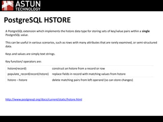 PostgreSQL HSTORE
A PostgreSQL extension which implements the hstore data type for storing sets of key/value pairs within a single
PostgreSQL value.
This can be useful in various scenarios, such as rows with many attributes that are rarely examined, or semi-structured
data.
Keys and values are simply text strings.
Key function/ operators are:
http://www.postgresql.org/docs/current/static/hstore.html
hstore(record) construct an hstore from a record or row
populate_record(record,hstore) replace fields in record with matching values from hstore
hstore – hstore delete matching pairs from left operand (so can store changes)
 