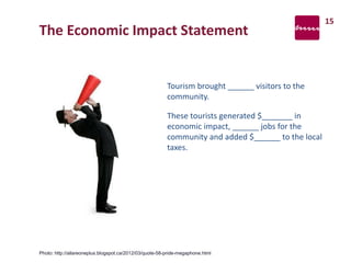 The Economic Impact Statement
Tourism brought ______ visitors to the
community.
These tourists generated $_______ in
economic impact, ______ jobs for the
community and added $______ to the local
taxes.
Photo: http://allareoneplus.blogspot.ca/2012/03/quote-58-pride-megaphone.html
15
 