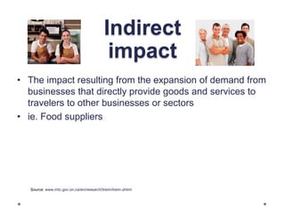 Indirect
impact
• The impact resulting from the expansion of demand from
businesses that directly provide goods and services to
travelers to other businesses or sectors
• ie. Food suppliers
Source: www.mtc.gov.on.ca/en/research/treim/treim.shtml
 
