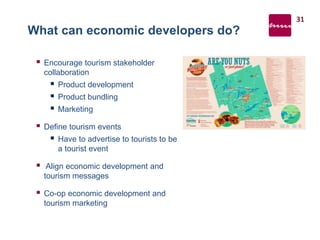  Encourage tourism stakeholder
collaboration
 Product development
 Product bundling
 Marketing
 Define tourism events
 Have to advertise to tourists to be
a tourist event
 Align economic development and
tourism messages
 Co-op economic development and
tourism marketing
31
What can economic developers do?
 