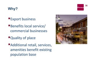 Why?
Export business
Benefits local service/
commercial businesses
Quality of place
Additional retail, services,
amenities benefit existing
population base
36
 