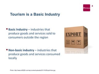 Tourism is a Basic Industry
Basic Industry – industries that
produce goods and services sold to
consumers outside the region
Non-basic industry – industries that
produce goods and services consumed
locally
Photo: http://www.sfl2000.com/wp-content/uploads/2011/03/Export-box.jpg
4
 