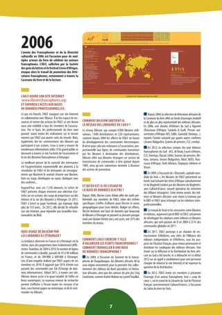 7 
2006 
L’année des Francophonies et de la Diversité culturelle en 2006 est l’occasion pour de multiples acteurs du livre de célébrer les auteurs francophones. L’AILF, sollicitée par la Société des gens de lettres et le festival Livres d’Afrique, évoque alors le travail de promotion des littératures francophones, notamment à travers la Caravane du livre et de la lecture. 
L’AILF OUVRE SON SITE INTERNET 
(www.librairesfrancophones.org) 
ET FAVORISE L’ACCÈS AUX BASES 
DE DONNÉES PROFESSIONNELLES. 
Le pas est franchi, l’AILF inaugure son site Internet en collaboration avec Oliance. À la fois espace de ressources et vitrine des actions de l’AILF, ce site donne aussi une visibilité à tous les membres de l’association. Par ce biais, les professionnels du livre vont pouvoir suivre toutes les réalisations sur le terrain menées par l’AILF aux quatre coins du monde. Mais, également, lire les commentaires des libraires qui participent à nos actions. Ceux-ci vont y trouver de nombreuses informations utiles. Et le grand public va découvrir à travers ce site l’activité de l’association et la vie des librairies francophones à l’étranger. 
La meilleure preuve de la curiosité des internautes est l’augmentation exponentielle des abonnés à la newsletter de l’AILF et les demandes de renseignements qui illustrent le souhait d’ouvrir une librairie, faire un stage, développer un rayon, dialoguer avec des confrères... 
Aujourd’hui, avec ses 1 238 abonnés, la Lettre de l’AILF présente chaque trimestre une sélection d’articles sur ses actions, des coups de projecteurs sur des thèmes et la vie des librairies à l’étranger. En 2011, l’AILF a lancé sa page Facebook, qui regroupe déjà plus de 533 amis... En 2012, elle décide de refondre son site Internet, pour répondre aux nouvelles fonctionnalités du Web. 
QUEL USAGE DE DILICOM PAR 
LES LIBRAIRES À L’ÉTRANGER ? 
La tendance observée en France et à l’étranger est la même, dans des proportions bien évidemment différentes. Toutefois, de 2004 à 2010, le nombre de lignes de commandes a doublé, passant de 45 à 98 millions en France, et de 289 000 à 609 000 à l’étranger. Lors d’une enquête réalisée par l’AILF auprès de ses membres en 2010, il apparaît que 50 % d’entre eux passent des commandes par Édi (Échange de données informatisées). Début 2011, à travers son site, Dilicom donne accès à la quasi-totalité de l’offre en livres numériques. Le nouveau moteur de recherche permet d’afficher à l’écran toutes les versions d’un livre, sous format papier ou numérique, et de le commander via Dilicom. 
COMMENT DILICOM SOUTIENT-IL 
LE RÉSEAU DES LIBRAIRES DE L’AILF ? 
Le réseau Dilicom, qui compte 8 000 libraires utilisateurs, 1 600 distributeurs et 220 représentants, soutient depuis 2004 les efforts de l’AILF en faveur du développement des commandes électroniques. 
Il verse pour cela une redevance à l’association, proportionnelle aux lignes de commandes transmises par les libraires à destination des distributeurs. Dilicom offre aux libraires étrangers un service de transmission de commandes à titre gratuit depuis 1989, ainsi qu’une subvention destinée à financer des actions de promotion. 
ET QU’EN EST-IL DE L’USAGE DE 
LA BASE DE DONNÉES ELECTRE ? 
Depuis 2006, Electre-Livres Hebdo offre des tarifs préférentiels aux membres de l’AILF, selon des critères spécifiques (chiffre d’affaires pour Electre et zones géographiques pour Livres Hebdo). Malgré ces efforts, Electre demeure une base de données que beaucoup de libraires à l’étranger ne peuvent se procurer puisque seuls une dizaine d’entre eux y ont accès, soit 10 % des membres du réseau. 
COMMENT L’AILF CHERCHE-T-ELLE 
À VALORISER LES ÉCRITS FRANCOPHONES ? COMMENT TRAVAILLER À UNE BASE 
DE DONNÉES FRANCOPHONE ? En 2004, à l’occasion du Sommet de la francophonie de Ouagadougou, des libraires africains de la sous-région rencontrent pour la première fois collectivement des éditeurs du Nord spécialisés en littérature africaine, ainsi que des auteurs du prix des Cinq Continents, comme Andreï Makine ou Lyonel Trouillot. Depuis 2004, la sélection de littérature africaine de la Caravane du livre offre un fonds d’ouvrages évolutif et de plus en plus représentatif des éditeurs africains. En 2006, une dizaine d’éditeurs du Sud y figurent (Ruisseaux d’Afrique, Sankofa & Gurli, Presses universitaires d’Afrique-AES, Edilis, Ganndal, Donniya...), rejoints l’année suivante par quatre autres confrères (Jeunes Malgaches, Graines de pensées, CLE, Lemba). En 2012, la sélection compte dix-sept éditeurs francophones du Sud : AES, Al Kitab, Cauris éditions, CLE, Donniya, Elyzad, Edilis, Graines de pensées, Ifrikiya, Jamana, Jeunes Malgaches, Ndzé, NEAS, Ruisseaux d’Afrique, Tarik éditions, Tropiques éditions et Vizavi. En 2009, à l’occasion de « Beyrouth, capitale mondiale du livre », les libraires de l’AILF présentent un fonds Sud incluant des titres d’Afrique subsaharienne et du Maghreb (réalisé par des libraires du Maghreb), avec CulturesFrance, nouvel opérateur du ministère des Affaires étrangères. Cette même année, des éditeurs et libraires africains sont réunis à Cotonou par le BIEF et l’AILF pour échanger sur les relations interprofessionnelles. Ce travail de fond et les rencontres entre libraires et éditeurs, organisées par le BIEF et l’AILF, ont permis de développer les relations entre éditeurs et libraires africains, qui sont passées de 0 en 2004 à 25 % des commandes globales en 2011. En 2011, l’AILF participe à un chantier de restructuration d’Afrilivres, aux côtés de l’Alliance des éditeurs indépendants et d’Afrilivres, sous les auspices de l’Institut français, pour mieux promouvoir et distribuer les catalogues des éditeurs africains. Une étude sur la diffusion et la distribution du livre africain au Sud a été lancée, et a débouché en ce début 2012 sur un appel à candidatures pour une personne chargée de relancer le site Internet et de repenser la question de la distribution. En 2012, l’AILF invite ses membres à présenter l’ouvrage d’un auteur francophone, leur « coup de coeur », sur le stand de la Librairie du Sud de l’Institut français (anciennement CulturesFrance), à l’occasion du Salon du livre de Paris. 
Le site de l’AILF réalisé avec Oliance en 2006  