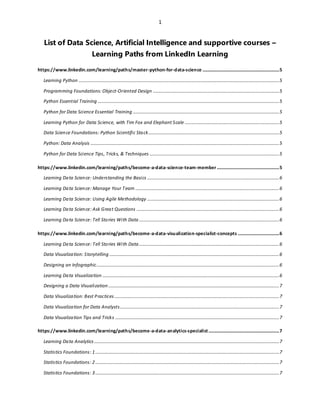 1
List of Data Science, Artificial Intelligence and supportive courses –
Learning Paths from LinkedIn Learning
https://www.linkedin.com/learning/paths/master-python-for-data-science .................................................................5
Learning Python ..........................................................................................................................................................................5
Programming Foundations: Object-Oriented Design ...........................................................................................................5
Python Essential Training ..........................................................................................................................................................5
Python for Data Science Essential Training ............................................................................................................................5
Learning Python for Data Science, with Tim Fox and Elephant Scale ................................................................................5
Data Science Foundations: Python Scientific Stack...............................................................................................................5
Python: Data Analysis ................................................................................................................................................................5
Python for Data Science Tips, Tricks, & Techniques ..............................................................................................................5
https://www.linkedin.com/learning/paths/become-a-data-science-team-member.....................................................5
Learning Data Science: Understanding the Basics ................................................................................................................6
Learning Data Science: Manage Your Team ..........................................................................................................................6
Learning Data Science: Using Agile Methodology ................................................................................................................6
Learning Data Science: Ask Great Questions .........................................................................................................................6
Learning Data Science: Tell Stories With Data.......................................................................................................................6
https://www.linkedin.com/learning/paths/become-a-data-visualization-specialist-concepts ...................................6
Learning Data Science: Tell Stories With Data.......................................................................................................................6
Data Visualization: Storytelling ................................................................................................................................................6
Designing an Infographic...........................................................................................................................................................6
Learning Data Visualization ......................................................................................................................................................6
Designing a Data Visualization.................................................................................................................................................7
Data Visualization: Best Practices............................................................................................................................................7
Data Visualization for Data Analysts.......................................................................................................................................7
Data Visualization Tips and Tricks ...........................................................................................................................................7
https://www.linkedin.com/learning/paths/become-a-data-analytics-specialist............................................................7
Learning Data Analytics .............................................................................................................................................................7
Statistics Foundations: 1............................................................................................................................................................7
Statistics Foundations: 2............................................................................................................................................................7
Statistics Foundations: 3............................................................................................................................................................7
 