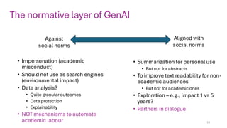 The normative layer of GenAI
Against
social norms
Aligned with
social norms
• Summarization for personal use
• But not for abstracts
• To improve text readability for non-
academic audiences
• But not for academic ones
• Exploration – e.g., impact 1 vs 5
years?
• Partners in dialogue
• Impersonation (academic
misconduct)
• Should not use as search engines
(environmental impact)
• Data analysis?
• Quite granular outcomes
• Data protection
• Explainability
• NOT mechanisms to automate
academic labour 23
 