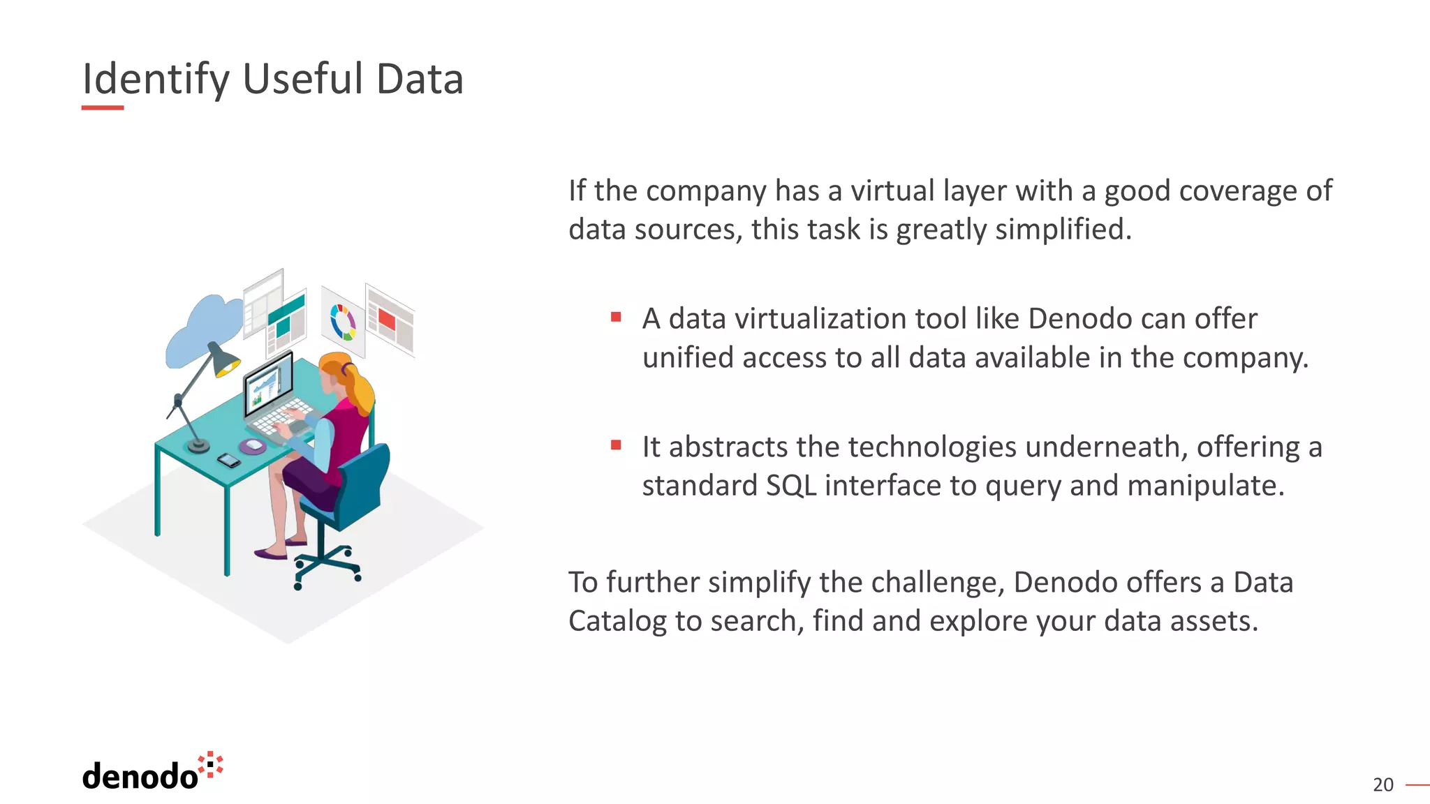 20
Identify Useful Data
If the company has a virtual layer with a good coverage of
data sources, this task is greatly simplified.
§ A data virtualization tool like Denodo can offer
unified access to all data available in the company.
§ It abstracts the technologies underneath, offering a
standard SQL interface to query and manipulate.
To further simplify the challenge, Denodo offers a Data
Catalog to search, find and explore your data assets.
 