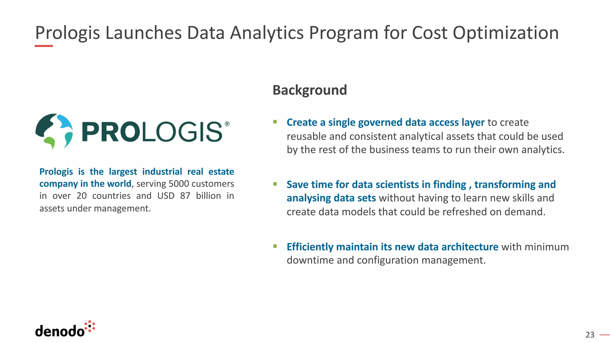 23
Prologis Launches Data Analytics Program for Cost Optimization
Background
§ Create a single governed data access layer to create
reusable and consistent analytical assets that could be used
by the rest of the business teams to run their own analytics.
§ Save time for data scientists in finding , transforming and
analysing data sets without having to learn new skills and
create data models that could be refreshed on demand.
§ Efficiently maintain its new data architecture with minimum
downtime and configuration management.
Prologis is the largest industrial real estate
company in the world, serving 5000 customers
in over 20 countries and USD 87 billion in
assets under management.
 