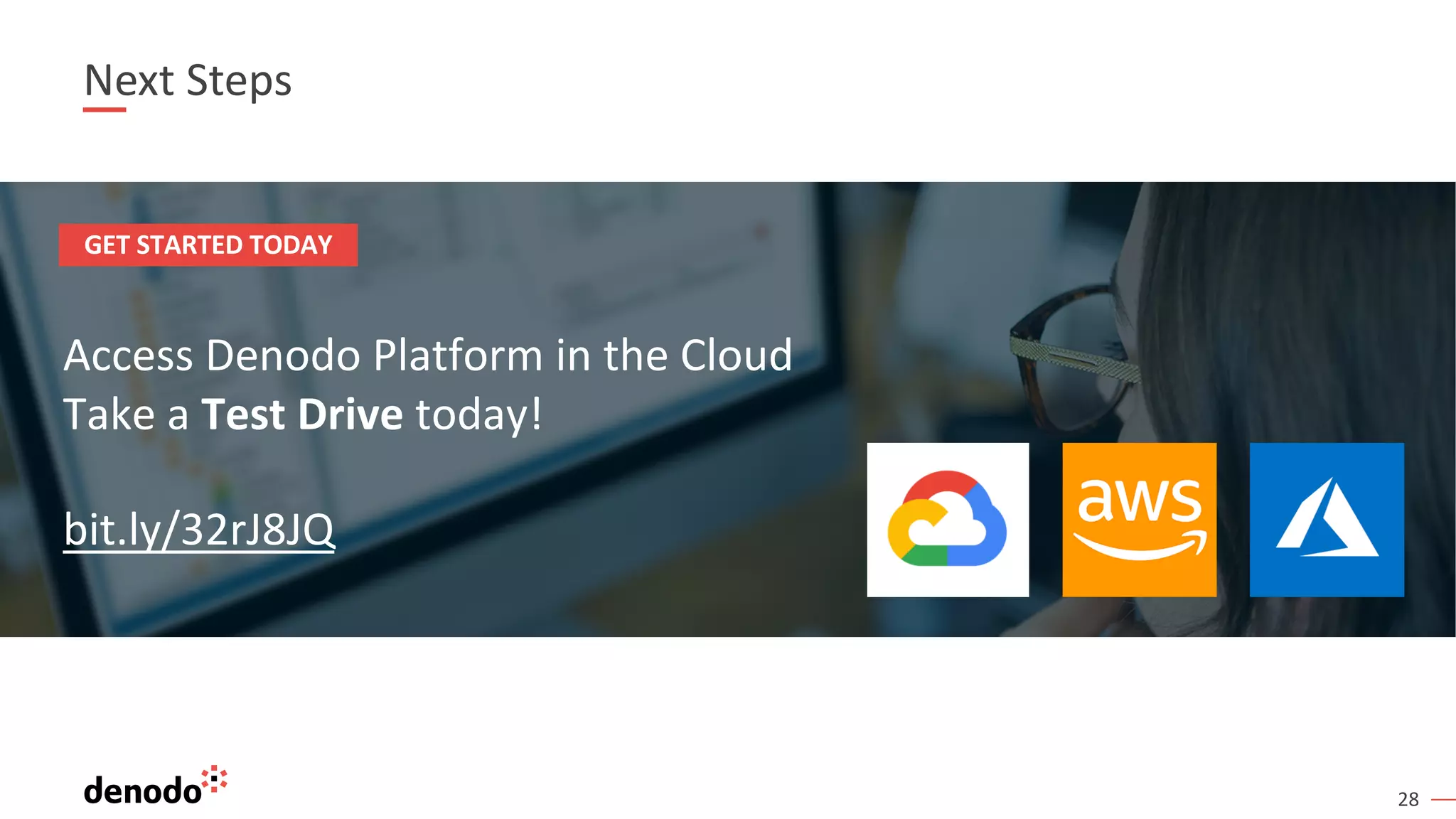 28
Next Steps
Access Denodo Platform in the Cloud
Take a Test Drive today!
bit.ly/32rJ8JQ
GET STARTED TODAY
 