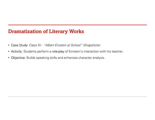 Dramatization of Literary Works
• Case Study: Class XI - “Albert Einstein at School” (Snapshots)
• Activity: Students perform a role-play of Einstein's interaction with his teacher.
• Objective: Builds speaking skills and enhances character analysis.
 