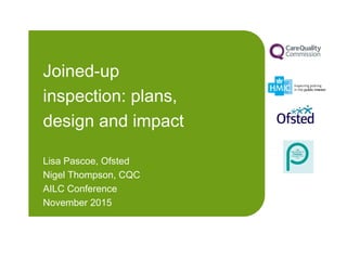 Joined-up
inspection: plans,
design and impact
Lisa Pascoe, Ofsted
Nigel Thompson, CQC
AILC Conference
November 2015
 