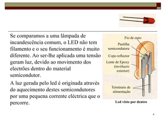 Se comparamos a uma lâmpada de                          Fio de ouro
incandescência comum, o LED não tem                Pastilha
filamento e o seu funcionamento é muito      semicondutora

diferente. Ao ser-lhe aplicada uma tensão    Copo reflector
geram luz, devido ao movimento dos          Lente de Epoxy
                                                 (invólucro
electrões dentro do material                       exterior)
semicondutor.
A luz gerada pelo led é originada através
                                               Terminais de
do aquecimento destes semicondutores            alimentação
por uma pequena corrente eléctrica que o
percorre.                                         Led visto por dentro


                                                                         4
 