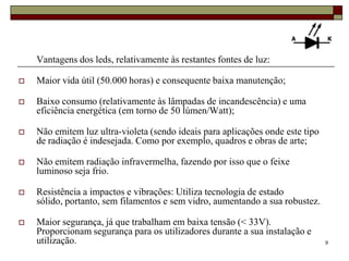 Vantagens dos leds, relativamente às restantes fontes de luz:

   Maior vida útil (50.000 horas) e consequente baixa manutenção;

   Baixo consumo (relativamente às lâmpadas de incandescência) e uma
    eficiência energética (em torno de 50 lúmen/Watt);

   Não emitem luz ultra-violeta (sendo ideais para aplicações onde este tipo
    de radiação é indesejada. Como por exemplo, quadros e obras de arte;

   Não emitem radiação infravermelha, fazendo por isso que o feixe
    luminoso seja frio.

   Resistência a impactos e vibrações: Utiliza tecnologia de estado
    sólido, portanto, sem filamentos e sem vidro, aumentando a sua robustez.

   Maior segurança, já que trabalham em baixa tensão (< 33V).
    Proporcionam segurança para os utilizadores durante a sua instalação e
    utilização.                                                                 9
 