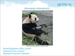 Ailuropodamelanoleuca Нескучный доклад про алгоритм Panda АртемБородатюк,@ice_scream netpeak.me/ice_scream/ Ведущий специалист Netpeak 
