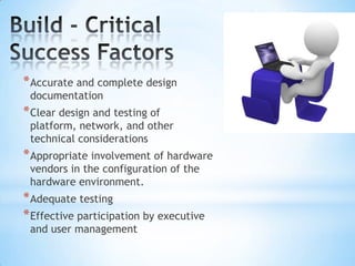 * Accurate and complete design
documentation

* Clear design and testing of

platform, network, and other
technical considerations

* Appropriate involvement of hardware
vendors in the configuration of the
hardware environment.

* Adequate testing
* Effective participation by executive
and user management

 