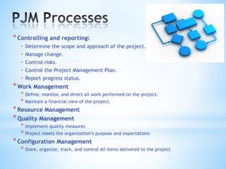 * Controlling and reporting:

- Determine the scope and approach of the project.
- Manage change.
- Control risks.
- Control the Project Management Plan.
- Report progress status.

* Work Management
* Define, monitor, and direct all work performed on the project.
* Maintain a financial view of the project.
* Resource Management
* Quality Management
* Implement quality measures
* Project meets the organization’s purpose and expectations
* Configuration Management
* Store, organize, track, and control all items delivered to the project

 