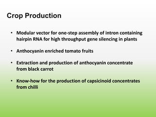 • Modular vector for one-step assembly of intron containing
hairpin RNA for high throughput gene silencing in plants
Crop Production
• Anthocyanin enriched tomato fruits
• Extraction and production of anthocyanin concentrate
from black carrot
• Know-how for the production of capsicinoid concentrates
from chilli
 