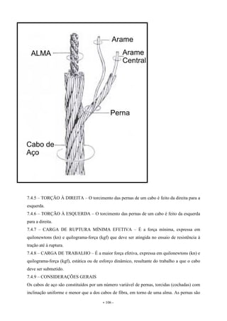 - 106 -
7.4.5 – TORÇÃO À DIREITA – O torcimento das pernas de um cabo é feito da direita para a
esquerda.
7.4.6 – TORÇÃO À ESQUERDA – O torcimento das pernas de um cabo é feito da esquerda
para a direita.
7.4.7 – CARGA DE RUPTURA MÍNIMA EFETIVA – É a força mínima, expressa em
quilonewtons (kn) e quilograma-força (kgf) que deve ser atingida no ensaio de resistência à
tração até à ruptura.
7.4.8 – CARGA DE TRABALHO – É a maior força efetiva, expressa em quilonewtons (kn) e
quilograma-força (kgf), estática ou de esforço dinâmico, resultante do trabalho a que o cabo
deve ser submetido.
7.4.9 – CONSIDERAÇÕES GERAIS
Os cabos de aço são constituídos por um número variável de pernas, torcidas (cochadas) com
inclinação uniforme e menor que a dos cabos de fibra, em torno de uma alma. As pernas são
 