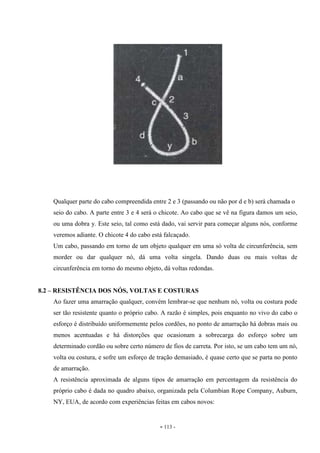 - 113 -
Qualquer parte do cabo compreendida entre 2 e 3 (passando ou não por d e b) será chamada o
seio do cabo. A parte entre 3 e 4 será o chicote. Ao cabo que se vê na figura damos um seio,
ou uma dobra y. Este seio, tal como está dado, vai servir para começar alguns nós, conforme
veremos adiante. O chicote 4 do cabo está falcaçado.
Um cabo, passando em torno de um objeto qualquer em uma só volta de circunferência, sem
morder ou dar qualquer nó, dá uma volta singela. Dando duas ou mais voltas de
circunferência em torno do mesmo objeto, dá voltas redondas.
8.2 – RESISTÊNCIA DOS NÓS, VOLTAS E COSTURAS
Ao fazer uma amarração qualquer, convém lembrar-se que nenhum nó, volta ou costura pode
ser tão resistente quanto o próprio cabo. A razão é simples, pois enquanto no vivo do cabo o
esforço é distribuído uniformemente pelos cordões, no ponto de amarração há dobras mais ou
menos acentuadas e há distorções que ocasionam a sobrecarga do esforço sobre um
determinado cordão ou sobre certo número de fios de carreta. Por isto, se um cabo tem um nó,
volta ou costura, e sofre um esforço de tração demasiado, é quase certo que se parta no ponto
de amarração.
A resistência aproximada de alguns tipos de amarração em percentagem da resistência do
próprio cabo é dada no quadro abaixo, organizada pela Columbian Rope Company, Auburn,
NY, EUA, de acordo com experiências feitas em cabos novos:
 