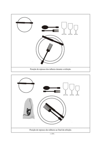 - 159 -
Posição de repouso dos talheres durante a refeição.
Posição de repouso dos talheres ao final da refeição.
 