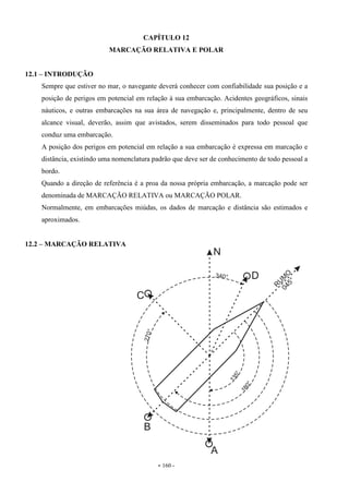 - 160 -
CAPÍTULO 12
MARCAÇÃO RELATIVA E POLAR
12.1 – INTRODUÇÃO
Sempre que estiver no mar, o navegante deverá conhecer com confiabilidade sua posição e a
posição de perigos em potencial em relação à sua embarcação. Acidentes geográficos, sinais
náuticos, e outras embarcações na sua área de navegação e, principalmente, dentro de seu
alcance visual, deverão, assim que avistados, serem disseminados para todo pessoal que
conduz uma embarcação.
A posição dos perigos em potencial em relação a sua embarcação é expressa em marcação e
distância, existindo uma nomenclatura padrão que deve ser de conhecimento de todo pessoal a
bordo.
Quando a direção de referência é a proa da nossa própria embarcação, a marcação pode ser
denominada de MARCAÇÃO RELATIVA ou MARCAÇÃO POLAR.
Normalmente, em embarcações miúdas, os dados de marcação e distância são estimados e
aproximados.
12.2 – MARCAÇÃO RELATIVA
 