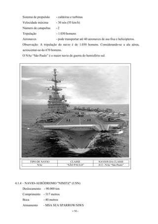 - 50 -
Sistema de propulsão - caldeiras e turbinas
Velocidade máxima - 30 nós (55 km/h)
Número de catapultas - 2
Tripulação - 1.030 homens
Aeronaves - pode transportar até 40 aeronaves de asa fixa e helicópteros.
Observação: A tripulação do navio é de 1.030 homens. Considerando-se a ala aérea,
acrescentar-se-ão 670 homens.
O NAe “São Paulo” é o maior navio de guerra do hemisfério sul.
4.1.4 – NAVIO-AERÓDROMO "NIMITZ" (USN)
Deslocamento - 90.000 ton
Comprimento - 317 metros
Boca - 40 metros
Armamento - MSA SEA SPARROW/SIWS
TIPO DE NAVIO CLASSE NAVIOS DA CLASSE
NAe “SÃO PAULO” A12 - NAe “São Paulo”
 