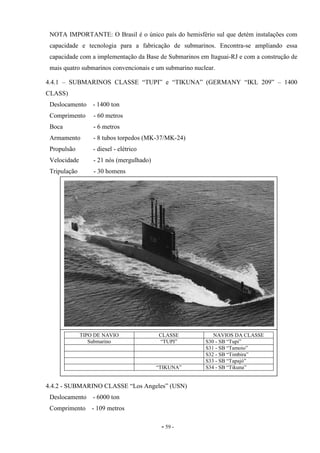 - 59 -
NOTA IMPORTANTE: O Brasil é o único país do hemisfério sul que detém instalações com
capacidade e tecnologia para a fabricação de submarinos. Encontra-se ampliando essa
capacidade com a implementação da Base de Submarinos em Itaguai-RJ e com a construção de
mais quatro submarinos convencionais e um submarino nuclear.
4.4.1 – SUBMARINOS CLASSE “TUPI” e “TIKUNA” (GERMANY “IKL 209” – 1400
CLASS)
Deslocamento - 1400 ton
Comprimento - 60 metros
Boca - 6 metros
Armamento - 8 tubos torpedos (MK-37/MK-24)
Propulsão - diesel - elétrico
Velocidade - 21 nós (mergulhado)
Tripulação - 30 homens
4.4.2 - SUBMARINO CLASSE “Los Angeles” (USN)
Deslocamento - 6000 ton
Comprimento - 109 metros
TIPO DE NAVIO CLASSE NAVIOS DA CLASSE
Submarino “TUPI” S30 - SB “Tupi”
S31 - SB “Tamoio”
S32 - SB “Timbira”
S33 - SB “Tapajó”
“TIKUNA” S34 - SB “Tikuna”
 
