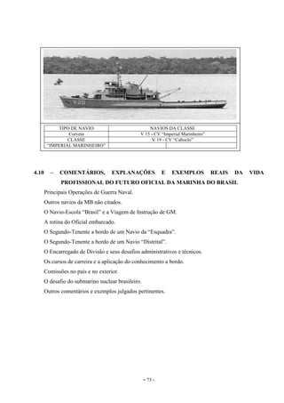 - 73 -
4.10 – COMENTÁRIOS, EXPLANAÇÕES E EXEMPLOS REAIS DA VIDA
PROFISSIONAL DO FUTURO OFICIAL DA MARINHA DO BRASIL
Principais Operações de Guerra Naval.
Outros navios da MB não citados.
O Navio-Escola “Brasil” e a Viagem de Instrução de GM.
A rotina do Oficial embarcado.
O Segundo-Tenente a bordo de um Navio da “Esquadra”.
O Segundo-Tenente a bordo de um Navio “Distrital”.
O Encarregado de Divisão e seus desafios administrativos e técnicos.
Os cursos de carreira e a aplicação do conhecimento a bordo.
Comissões no país e no exterior.
O desafio do submarino nuclear brasileiro.
Outros comentários e exemplos julgados pertinentes.
TIPO DE NAVIO NAVIOS DA CLASSE
Corveta V 15 - CV “Imperial Marinheiro”
CLASSE V 19 - CV “Caboclo”
“IMPERIAL MARINHEIRO”
 