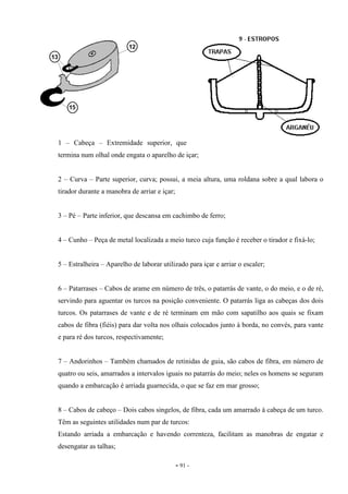 - 91 -
1 – Cabeça – Extremidade superior, que
termina num olhal onde engata o aparelho de içar;
2 – Curva – Parte superior, curva; possui, a meia altura, uma roldana sobre a qual labora o
tirador durante a manobra de arriar e içar;
3 – Pé – Parte inferior, que descansa em cachimbo de ferro;
4 – Cunho – Peça de metal localizada a meio turco cuja função é receber o tirador e fixá-lo;
5 – Estralheira – Aparelho de laborar utilizado para içar e arriar o escaler;
6 – Patarrases – Cabos de arame em número de três, o patarrás de vante, o do meio, e o de ré,
servindo para aguentar os turcos na posição conveniente. O patarrás liga as cabeças dos dois
turcos. Os patarrases de vante e de ré terminam em mão com sapatilho aos quais se fixam
cabos de fibra (fiéis) para dar volta nos olhais colocados junto à borda, no convés, para vante
e para ré dos turcos, respectivamente;
7 – Andorinhos – Também chamados de retinidas de guia, são cabos de fibra, em número de
quatro ou seis, amarrados a intervalos iguais no patarrás do meio; neles os homens se seguram
quando a embarcação é arriada guarnecida, o que se faz em mar grosso;
8 – Cabos de cabeço – Dois cabos singelos, de fibra, cada um amarrado à cabeça de um turco.
Têm as seguintes utilidades num par de turcos:
Estando arriada a embarcação e havendo correnteza, facilitam as manobras de engatar e
desengatar as talhas;
 