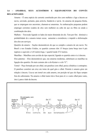 - 8 -
1.6 – AMARRAS, SEUS ACESSÓRIOS E EQUIPAMENTOS DO CONVÉS
RELACIONADOS
Amarra – É uma espécie de corrente constituída por elos com malhete e liga a âncora ao
navio, servindo, portanto, para arriá-la, fundeá-la e içá-la. As amarras de pequena bitola,
que se empregam nos ancorotes, chamam-se amarretas. As embarcações pequenas podem
empregar correntes (cadeia de elos sem malhete) ou cabo de aço ou fibra ou ainda a
combinação dos dois.
Malhete – Travessão ligando os lados de maior dimensão do elo. Tem por fim: diminuir a
probabilidade de a amarra tomar cocas; aumentar a resistência; e impedir a deformação
dos elos em serviços.
Quartéis da amarra – Seções desmontáveis de que se compõe a amarra de um navio. No
Brasil e nos Estados Unidos, os quartéis comuns têm 15 braças (uma braça tem 6 pés
ingleses e equivale a 1,83 metro) logo, 1 quartel mede 27,5 metros.
Manilhas – Manilhas com cavirão de tipo especial, ligando os quartéis entre si e à âncora.
Elos patentes – Elos desmontáveis que, nas amarras modernas, substituem as manilhas na
ligação dos quartéis. Os mais comuns são o elo Kenter e o elo “C”.
Tornel – Peça formada por um olhal, um parafuso com olhal, porca cilíndrica e contrapino.
O parafuso constitui um eixo em torno do qual gira o olhal. Permite à amarra girar em
relação à âncora. Usa-se um tornel em cada amarra, em posição tal que ele fique sempre
fora do cabrestante. Na amarra o olhal maior deve ficar para ré e o outro olhal para vante,
isto é, para o lado da âncora.
 