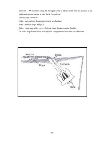 - 11 -
Escovém – O escovém serve de passagem para a amarra para fora do costado e de
alojamento para a âncora, se esta for de tipo patente.
Um escovém consta de:
Gola – parte saliente do costado, feita de aço fundido;
Tubo – feito de chapa de aço; e
Beiço – parte que sai do convés; feito de chapa de aço ou então fundido.
Os locais da gola e do beiço mais sujeitos a desgaste são revestidos de solda dura.
 