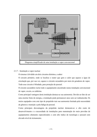 - 19 -
2.3.7 – Instalação a vapor nuclear
O sistema é dividido em dois circuitos distintos, a saber:
O circuito primário, onde se localiza o reator que gera o calor que aquece a água de
circulação que, por sua vez, aquece o circuito secundário por meio de geradores de vapor.
Todo esse circuito é blindado, para proteção do pessoal.
O circuito secundário inclui todo o equipamento encontrado numa instalação convencional
de vapor, exceto, as caldeiras.
Como principal vantagem desta instalação destaca-se sua autonomia. Devido ao fato de ser
uma enorme fonte de energia, a instalação pode permanecer anos sem ser reabastecida. Os
meios equipados com este tipo de propulsão tem sua autonomia limitada pela necessidade
de gêneros e munição e pela fadiga do pessoal.
Como principais desvantagens da propulsão nuclear destacam-se o alto custo de
desenvolvimento e a necessidade de instalações para manutenção do meio providas de
equipamentos altamente especializados e com alto índice de tecnologia e pessoal com
elevado nível de treinamento.
Diagrama simplificado de uma instalação a vapor convencional
 