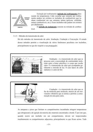 - 29 -
3.1.5 – Métodos de transmissão de calor
Há três métodos de transmissão de calor: Irradiação, Condução e Convecção. O estudo
desses métodos permite a visualização de vários fenômenos peculiares aos incêndios,
principalmente no que diz respeito a sua propagação.
As anteparas e pisos que limitam os compartimentos incendiados atingem temperaturas
que ultrapassam a de ignição da maioria dos materiais encontrados a bordo. É por isto que,
quando ocorre um incêndio em um compartimento, devem ser inspecionados
imediatamente os compartimentos adjacentes, principalmente os que ficam acima. Todo
Extinção por resfriamento (método do resfriamento dimi-
nuição da temperatura). Cabe ressaltar que somente por resfria-
mento podem ser extintos os incêndios de combustíveis que te-
nham comburente em sua estrutura íntima (pólvora, celulóide,
metais combustíveis, etc.). Esses incêndios não podem ser extintos
por abafamento.
O método do isolamento consiste na retirada do combus-
tível.
Irradiação - é a transmissão de calor que se
processa sem a necessidade de continuidade mole-
cular entre a fonte calorífica e o corpo que recebe
calor. É a transmissão de calor que acompanha ge-
ralmente a emissão de luz. O caso típico de calor
radiante é o calor do Sol.
Condução - é a transmissão de calor que se
faz de molécula para molécula, através de um mo-
vimento vibratório que as anima e permite a comu-
nicação de uma para outra.
 