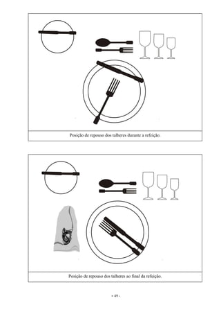 - 49 -
Posição de repouso dos talheres durante a refeição.
Posição de repouso dos talheres ao final da refeição.
 