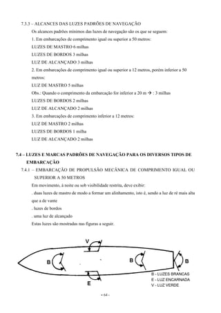 - 64 -
7.3.3 – ALCANCES DAS LUZES PADRÕES DE NAVEGAÇÃO
Os alcances padrões mínimos das luzes de navegação são os que se seguem:
1. Em embarcações de comprimento igual ou superior a 50 metros:
LUZES DE MASTRO 6 milhas
LUZES DE BORDOS 3 milhas
LUZ DE ALCANÇADO 3 milhas
2. Em embarcações de comprimento igual ou superior a 12 metros, porém inferior a 50
metros:
LUZ DE MASTRO 5 milhas
Obs.: Quando o comprimento da embarcação for inferior a 20 m : 3 milhas
LUZES DE BORDOS 2 milhas
LUZ DE ALCANÇADO 2 milhas
3. Em embarcações de comprimento inferior a 12 metros:
LUZ DE MASTRO 2 milhas
LUZES DE BORDOS 1 milha
LUZ DE ALCANÇADO 2 milhas
7.4 – LUZES E MARCAS PADRÕES DE NAVEGAÇÃO PARA OS DIVERSOS TIPOS DE
EMBARCAÇÃO
7.4.1 – EMBARCAÇÃO DE PROPULSÃO MECÂNICA DE COMPRIMENTO IGUAL OU
SUPERIOR A 50 METROS
Em movimento, à noite ou sob visibilidade restrita, deve exibir:
. duas luzes de mastro de modo a formar um alinhamento, isto é, sendo a luz de ré mais alta
que a de vante
. luzes de bordos
. uma luz de alcançado
Estas luzes são mostradas nas figuras a seguir.
 