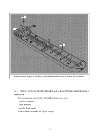 - 65 -
7.4.2 – EMBARCAÇÃO DE PROPULSÃO MECÂNICA DE COMPRIMENTO INFERIOR A
50 METROS
Em movimento, à noite ou sob visibilidade restrita, deve exibir:
. uma luz de mastro
. luzes de bordos
. uma luz de alcançado
Estas luzes são mostradas nas figuras a seguir.
Embarcação de propulsão mecânica, de comprimento maior que 50 metros em movimento
 