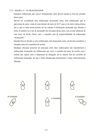 - 70 -
7.5.2 – REGRA 13 – ULTRAPASSAGEM
Qualquer embarcação que estiver ultrapassando outra deverá manter-se fora do caminho
dessa outra.
Deverá ser considerada uma embarcação alcançando outra, toda embarcação que se
aproximar de outra, vinda de uma direção de mais de 22,5° para ré do través dessa última,
isto é, que se acha numa posição tal em relação à embarcação alcançada que, durante a
noite, só poderá ver a luz de alcançado (luz de popa) dessa outra, sem avistar nenhuma de
suas luzes de bordo. Nesse caso, a manobra será de responsabilidade da embarcação
“alcançando”.
Quando houver dúvida se uma embarcação está alcançando outra, ela deverá considerar a
situação como tal e manobrar de acordo.
Qualquer alteração posterior de marcação entre duas embarcações não transformará a
embarcação alcançando em embarcação que cruza o caminho da outra, de acordo com o
sentido das regras, nem a dispensará da obrigação de se manter fora do caminho da
embarcação alcançada, até que a tenha ultrapassado inteiramente e esteja suficientemente
afastada.
 