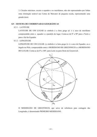 - 81 -
3. Círculos máximos, exceto o equador e os meridianos, não são representados por linhas
retas (limitação notável nas Cartas de Mercator de pequena escala, representando uma
grande área).
8.5 – SISTEMA DE COORDENADAS GEOGRÁFICAS
8.5.1 – LATITUDE
LATITUDE DE UM LUGAR (o símbolo é a letra grega φ): é o arco de meridiano
compreendido entre o equador e o paralelo do lugar. Conta-se de 0º a 90º para o Norte e
para o Sul do Equador.
8.5.2 – LONGITUDE
LONGITUDE DE UM LUGAR: (o símbolo é a letra grega λ): é o arco do Equador, ou o
ângulo no Pólo, compreendido entre o MERIDIANO DE GREENWICH e o MERIDIANO
DO LUGAR. Conta-se de 0º a 180º, para Leste ou para Oeste de Greenwich.
O MERIDIANO DE GREENWICH, que serve de referência para contagem das
Longitudes, é denominado PRIMEIRO MERIDIANO.
 