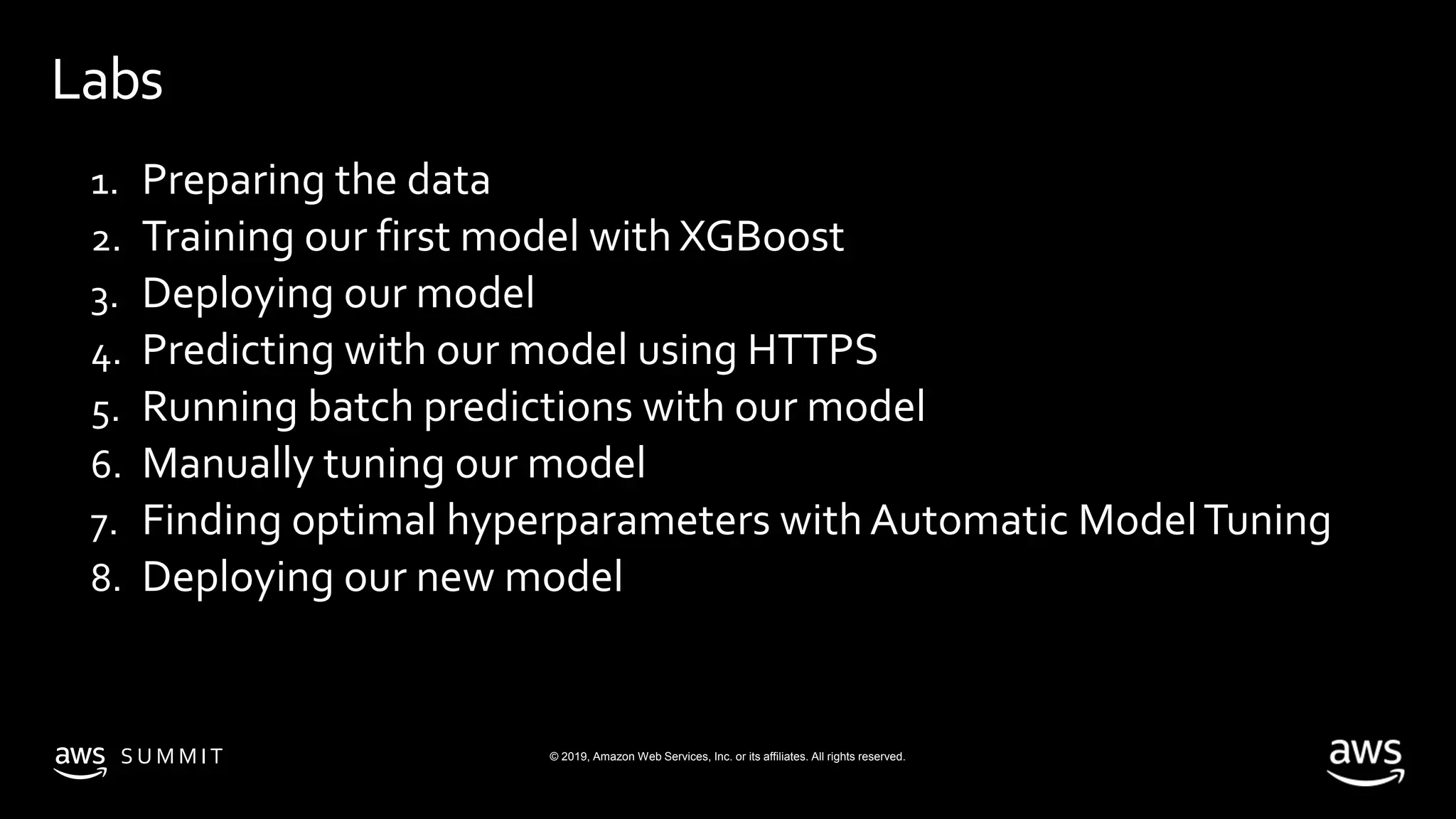 © 2019, Amazon Web Services, Inc. or its affiliates. All rights reserved.S U M M I T
Labs
1. Preparing the data
2. Training our first model with XGBoost
3. Deploying our model
4. Predicting with our model using HTTPS
5. Running batch predictions with our model
6. Manually tuning our model
7. Finding optimal hyperparameters with Automatic ModelTuning
8. Deploying our new model
 