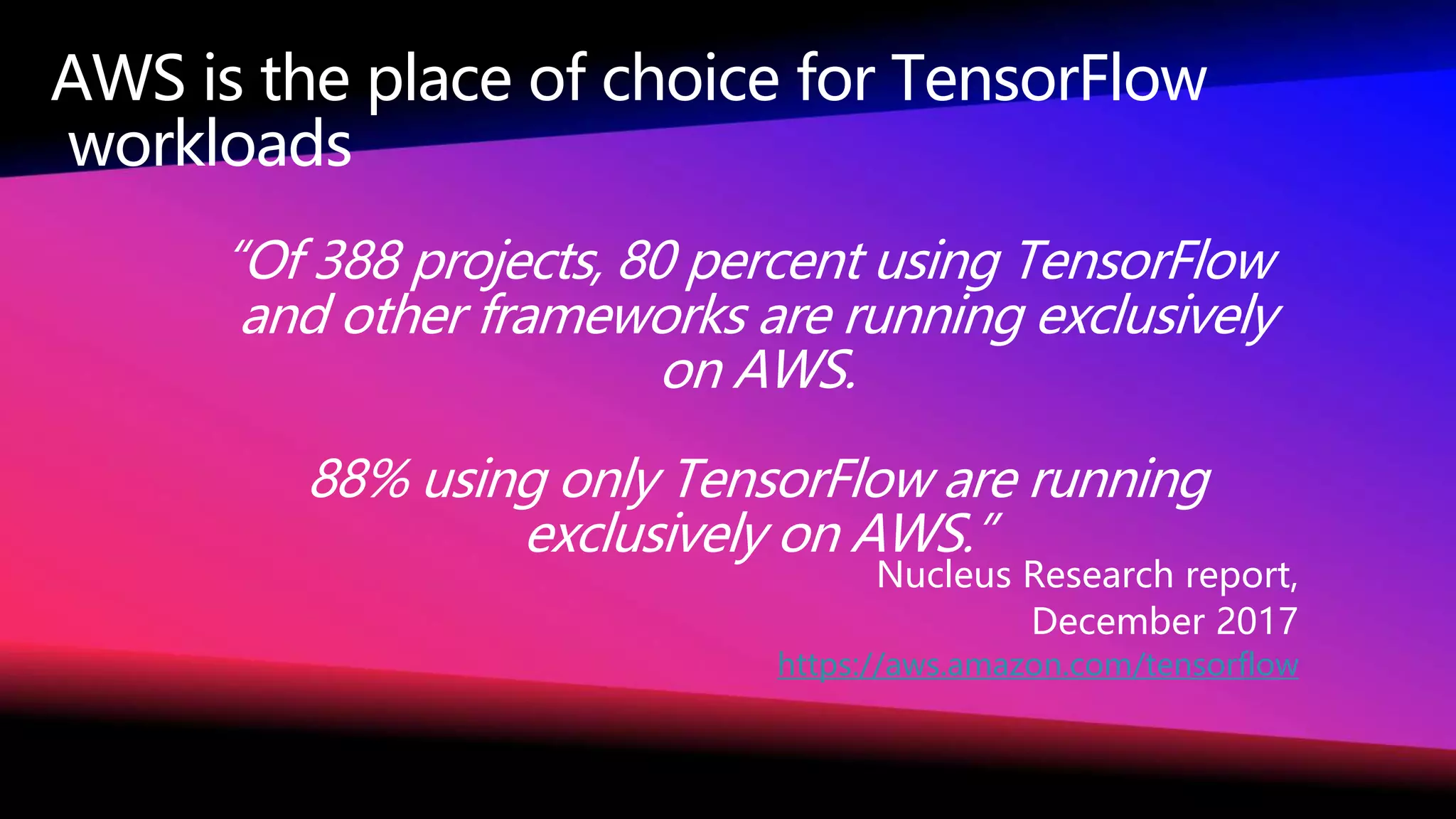 “Of 388 projects, 80 percent using TensorFlow
and other frameworks are running exclusively
on AWS.
88% using only TensorFlow are running
exclusively on AWS.”
Nucleus Research report,
December 2017
https://aws.amazon.com/tensorflow
AWS is the place of choice for TensorFlow
workloads
 
