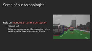 Some of our technologies
Rely on monocular camera perception
• Reduces cost
• Other sensors can be used for redundancy when
working on high level autonomous driving
 
