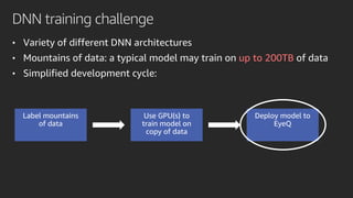 DNN training challenge
• Variety of different DNN architectures
• Mountains of data: a typical model may train on up to 200TB of data
• Simplified development cycle:
EyeQ
 