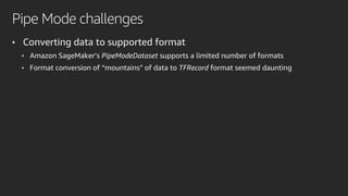 Pipe Mode challenges
• Converting data to supported format
• Amazon SageMaker’s PipeModeDataset supports a limited number of formats
• Format conversion of “mountains” of data to TFRecord format seemed daunting
 